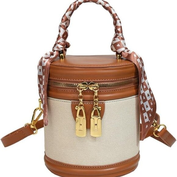 Retro Bucket Bag PU Leather Canvas Small Crossbody Top Handle for Women - Picture 1 of 8